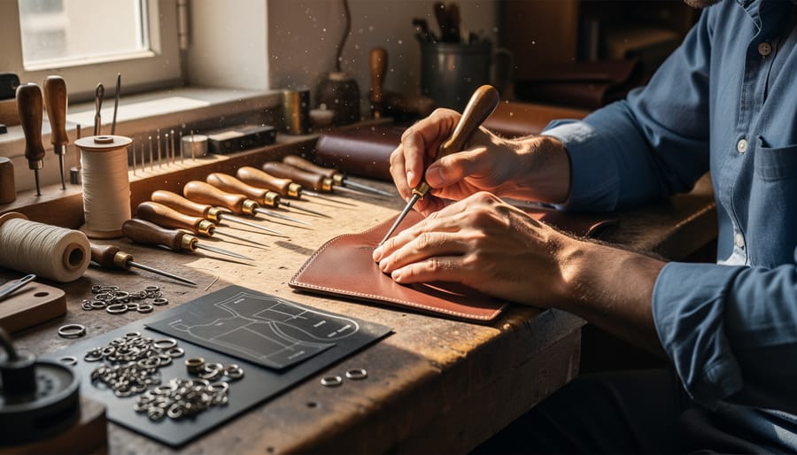 Italian atelier workbench with a luxury leather bag in progress, tools, and premium fabrics.