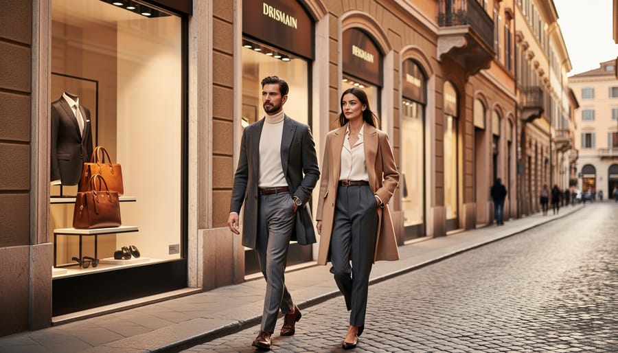 Model couple wearing tailored blazer and silk scarf on a sunlit cobblestone street in an Italian-inspired setting.