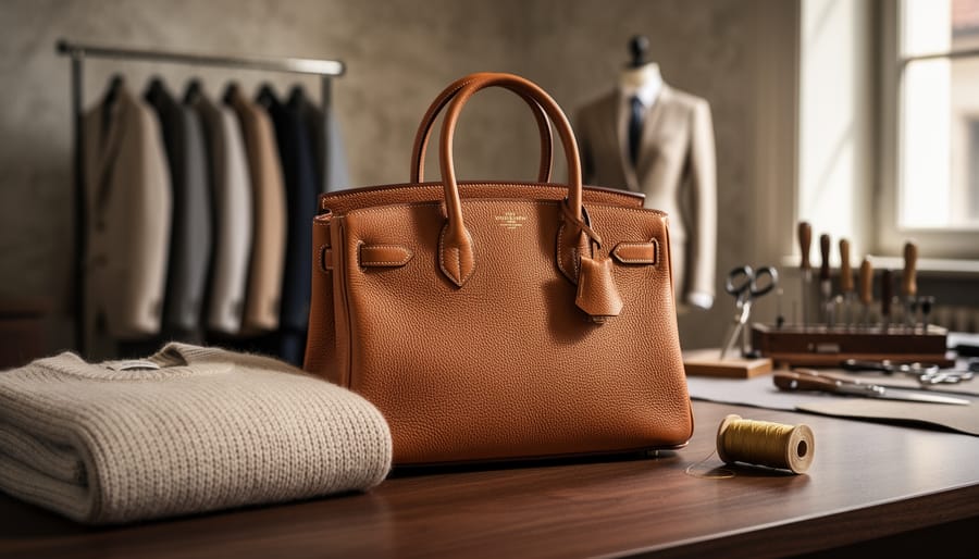 Close-up of a hand-finished luxury leather handbag and folded cashmere sweater on a worktable in an Italian fashion atelier with soft side lighting.