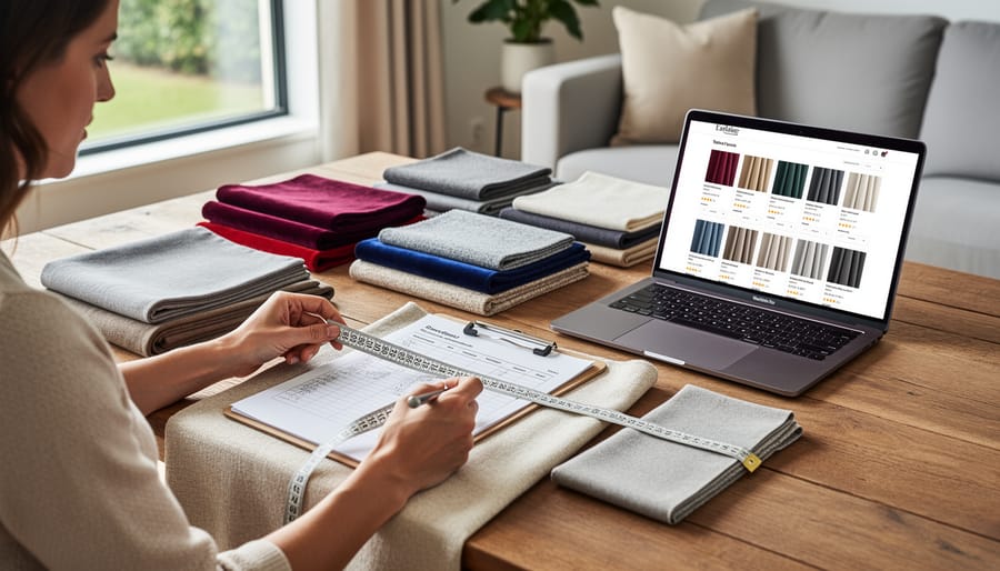 Woman at a desk with a laptop and a measuring tape beside folded clothing items