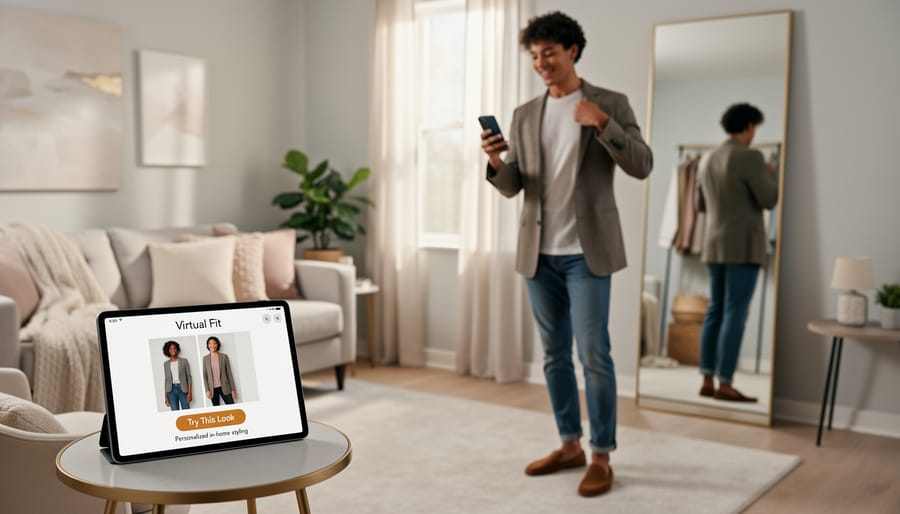 Woman trying on a dress in front of a mirror while holding a tablet