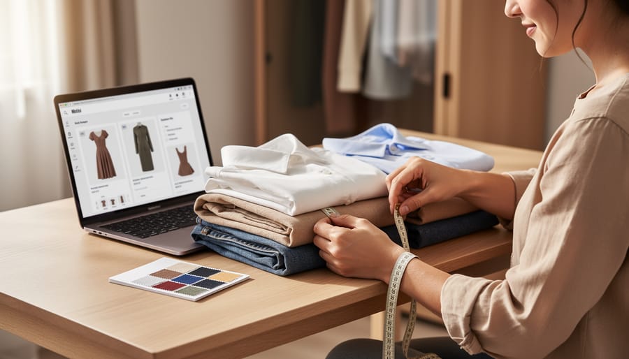 Woman at a home desk using a measuring tape and inspecting folded women’s clothing and fabric swatches near an open laptop.