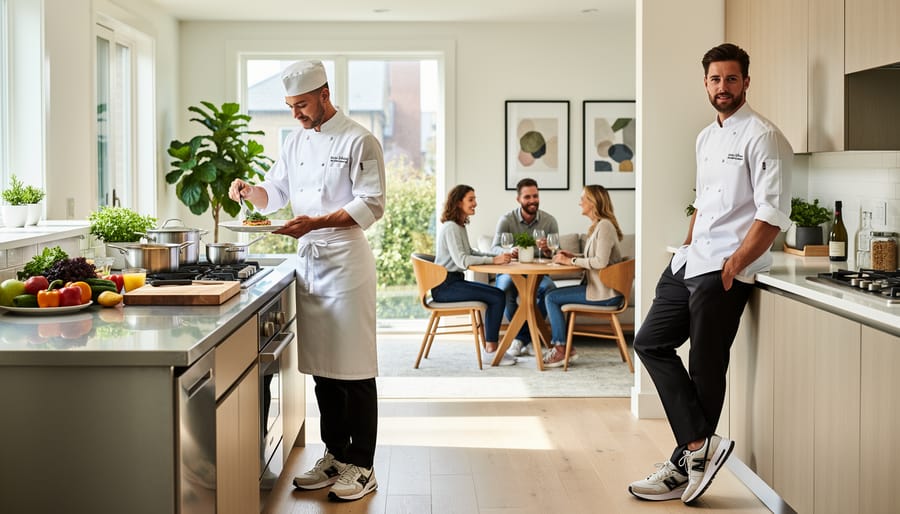 Chef and culinary student wearing chef apparel walking from a kitchen into a lobby.
