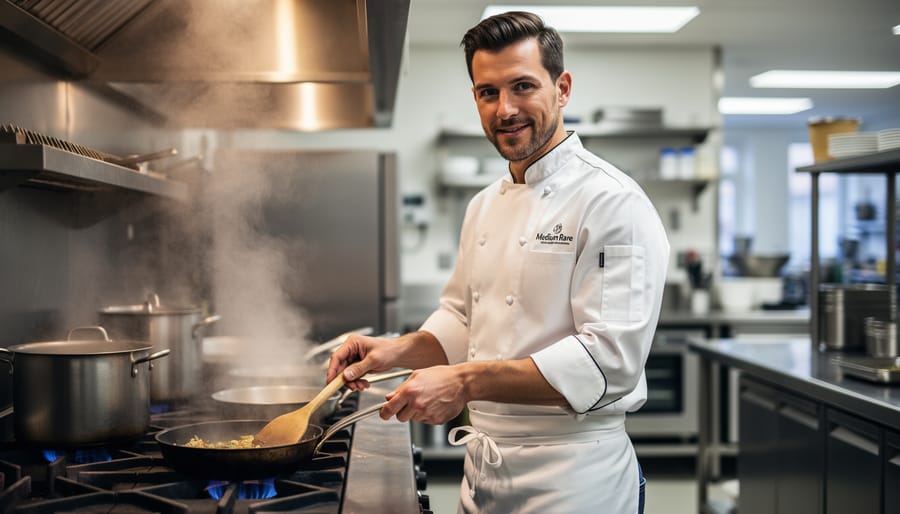 Chef wearing a cotton chef apron and jacket in a stainless-steel kitchen prep area.