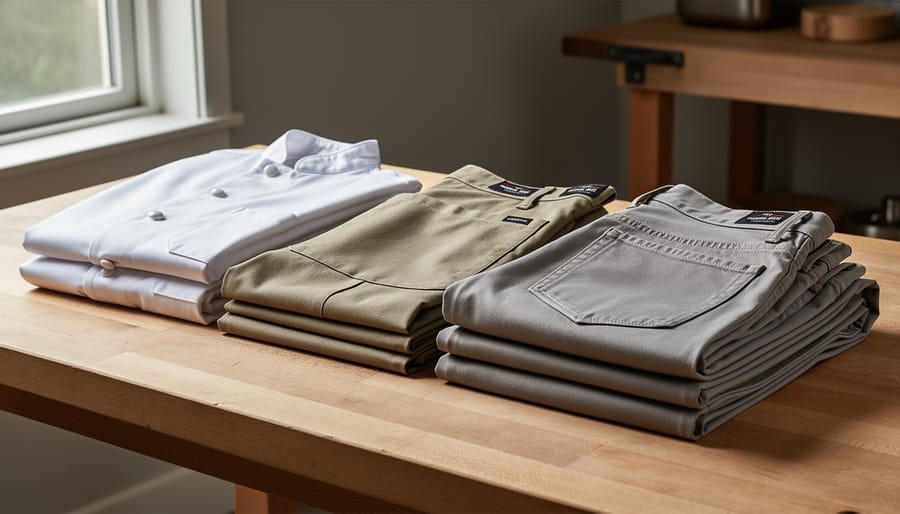 Close-up of folded chef jacket, kitchen shirt, and apron on a wooden workbench.