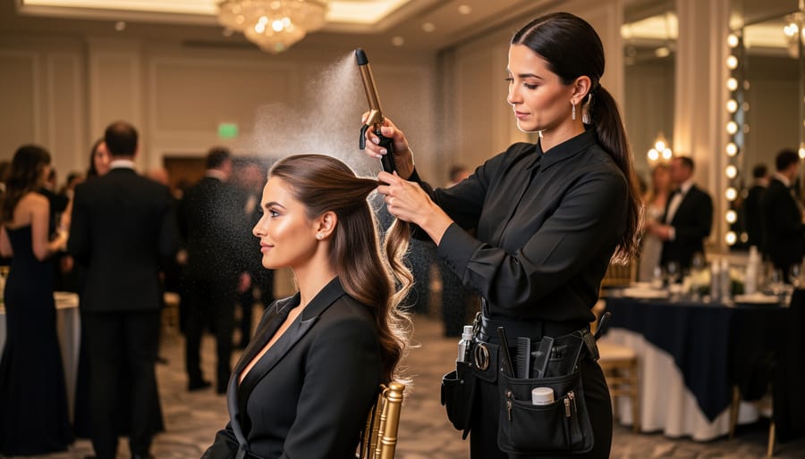 Hair stylist adjusting a client’s sleek gala hairstyle in an on-site event prep area