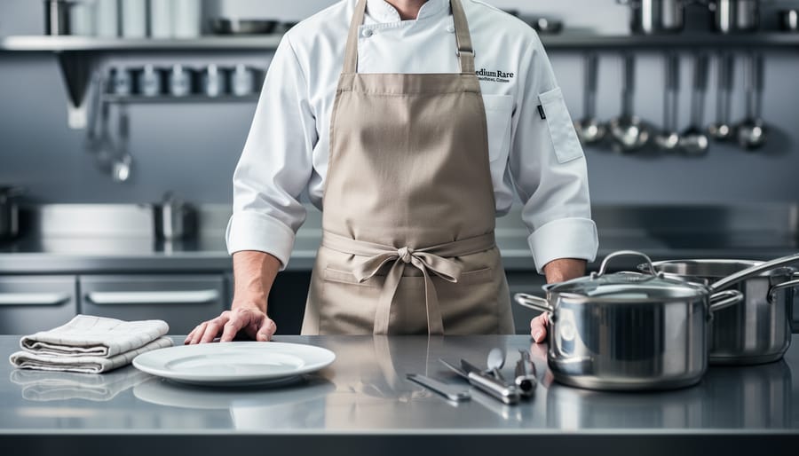 Chef wearing a Medium Rare chef jacket and Mary Jane apron in a stainless-steel commercial kitchen prep area.
