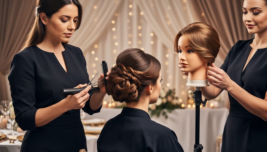 A special event hair stylist adjusts and shapes a polished updo for a client in an elegant venue using professional styling tools.