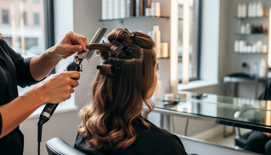 Hairstylist hands sectioning and clipping a client’s hair with styling tools in a salon setting