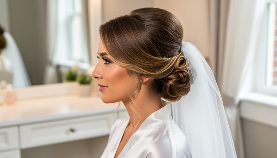 Bride wearing a wedding updo with hair accessories in a softly blurred wedding venue