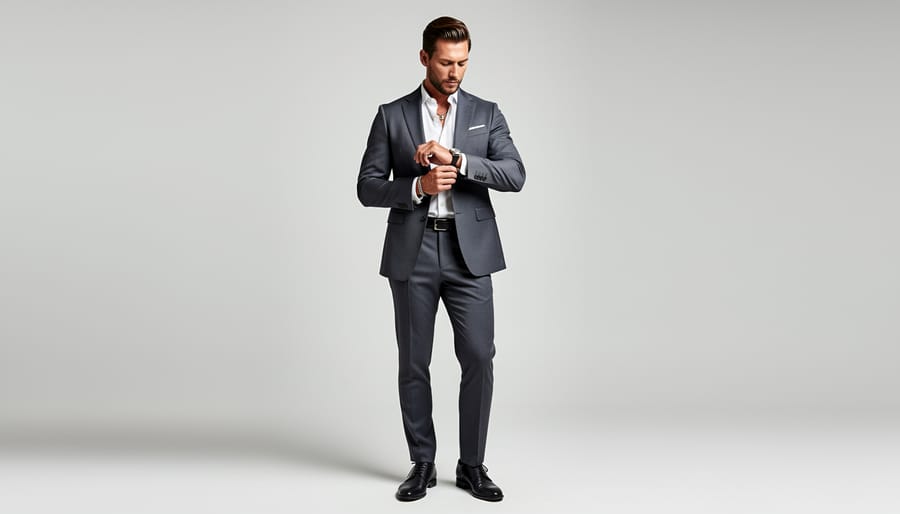 Stylish person walking with polished shoes and a watch, showing finishing touches in golden light