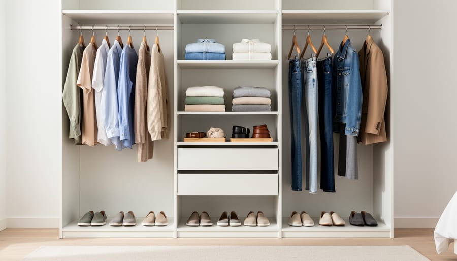 Overhead view of a coordinated capsule wardrobe with classic tops, trousers, and outerwear on a bed