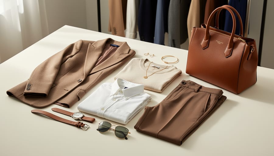 Curated everyday outfit flat-lay featuring a fitted blazer, trousers, white shirt, handbag, and coordinated neutral accessories arranged on a studio surface.