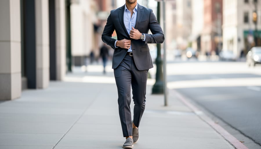 Person adjusting sleeves on a tailored blazer, highlighting the quality of the fit